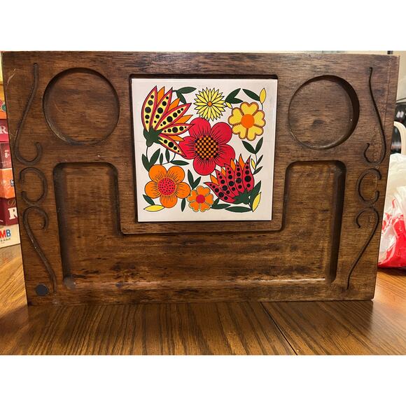 Vintage Wood Charcuterie Board w/ Floral Tile Retro Decor - Picture 1 of 3
